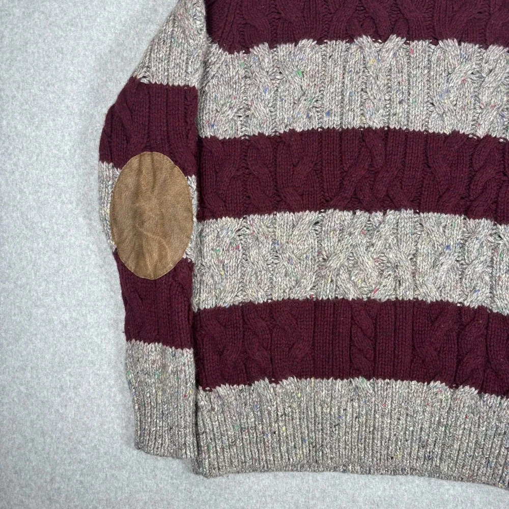 Tommy Hilfiger Sweater Mens XXL Silk Wool Burgundy Grey Striped Knit Elbow Patch